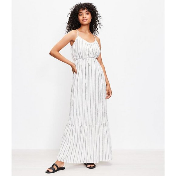 Loft Shimmer Stripe Tie Back Maxi Dress Whisper White - Picture 1 of 9